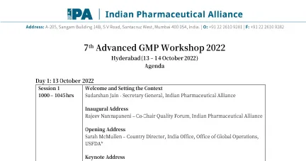 7th Advanced GMP workshops 2022 Agenda- Hyderabad (13-14 October 2022)